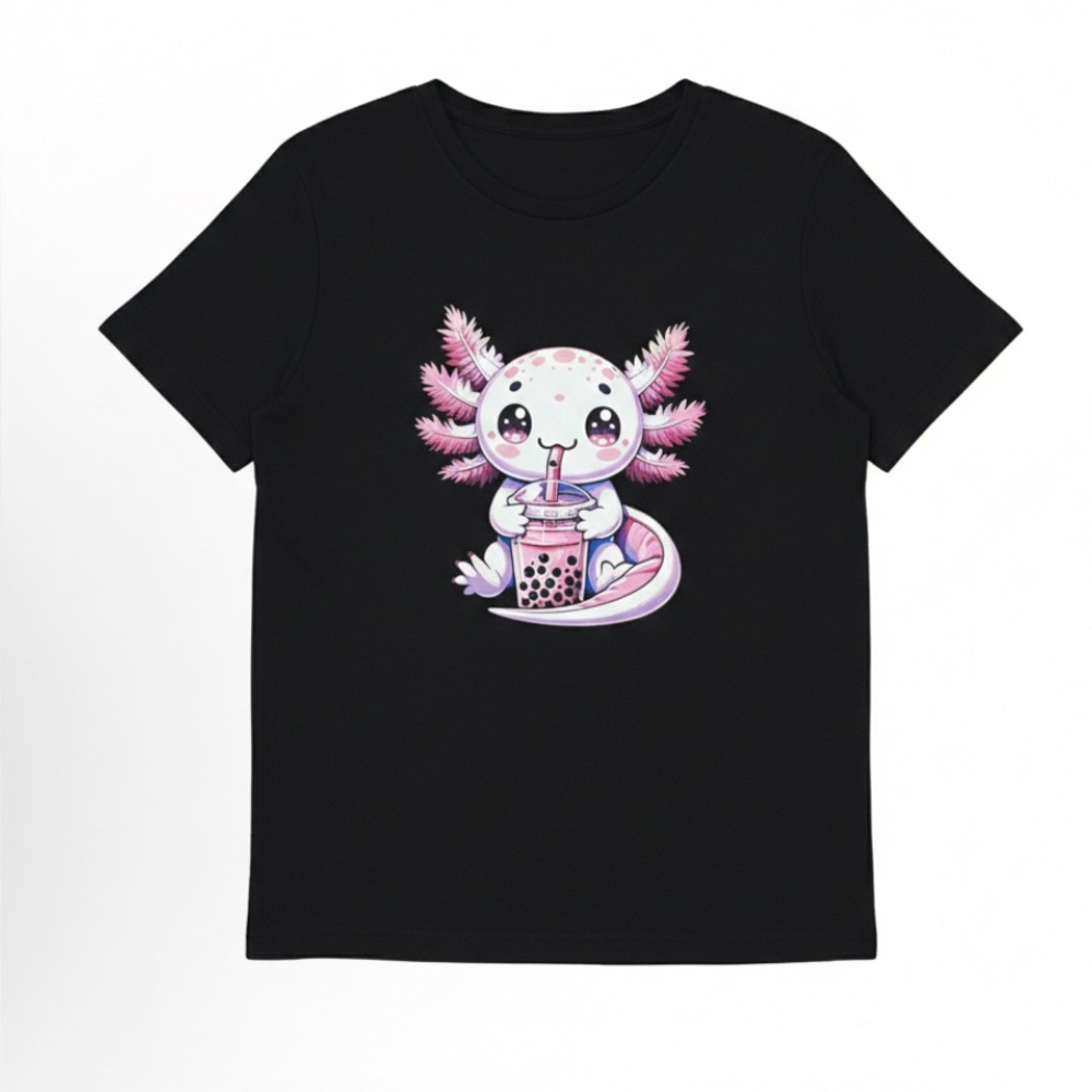 Cute Axolotl Drinking Boba Tea Graphic Tee - Black - Women's Size 6 NEW